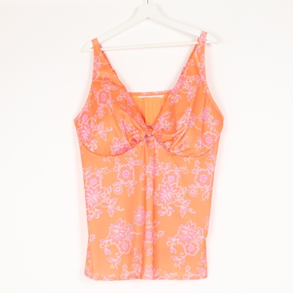 Cacique Lightly Lined Plunge Tankini Swim Top Nectarine Floral